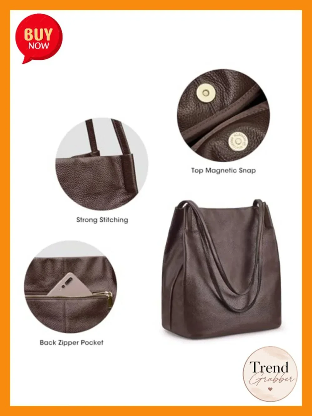 Genuine Leather Tote Shoulder Bag Magnetic Snap Closure Lightweight Spacious